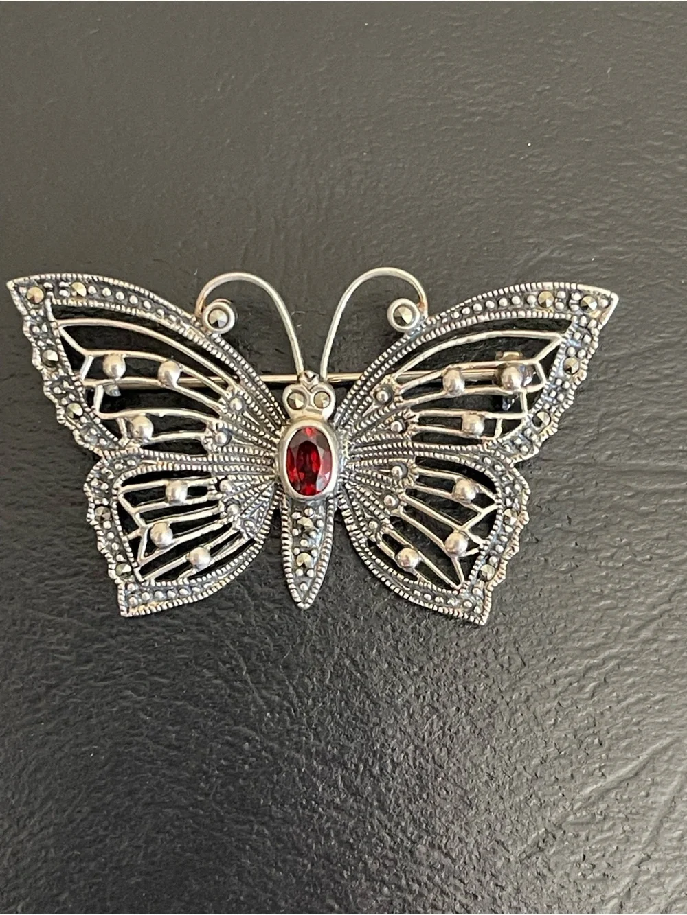 Vintage 925 Sterling silver marcasite garnet Butterfly Brooch.